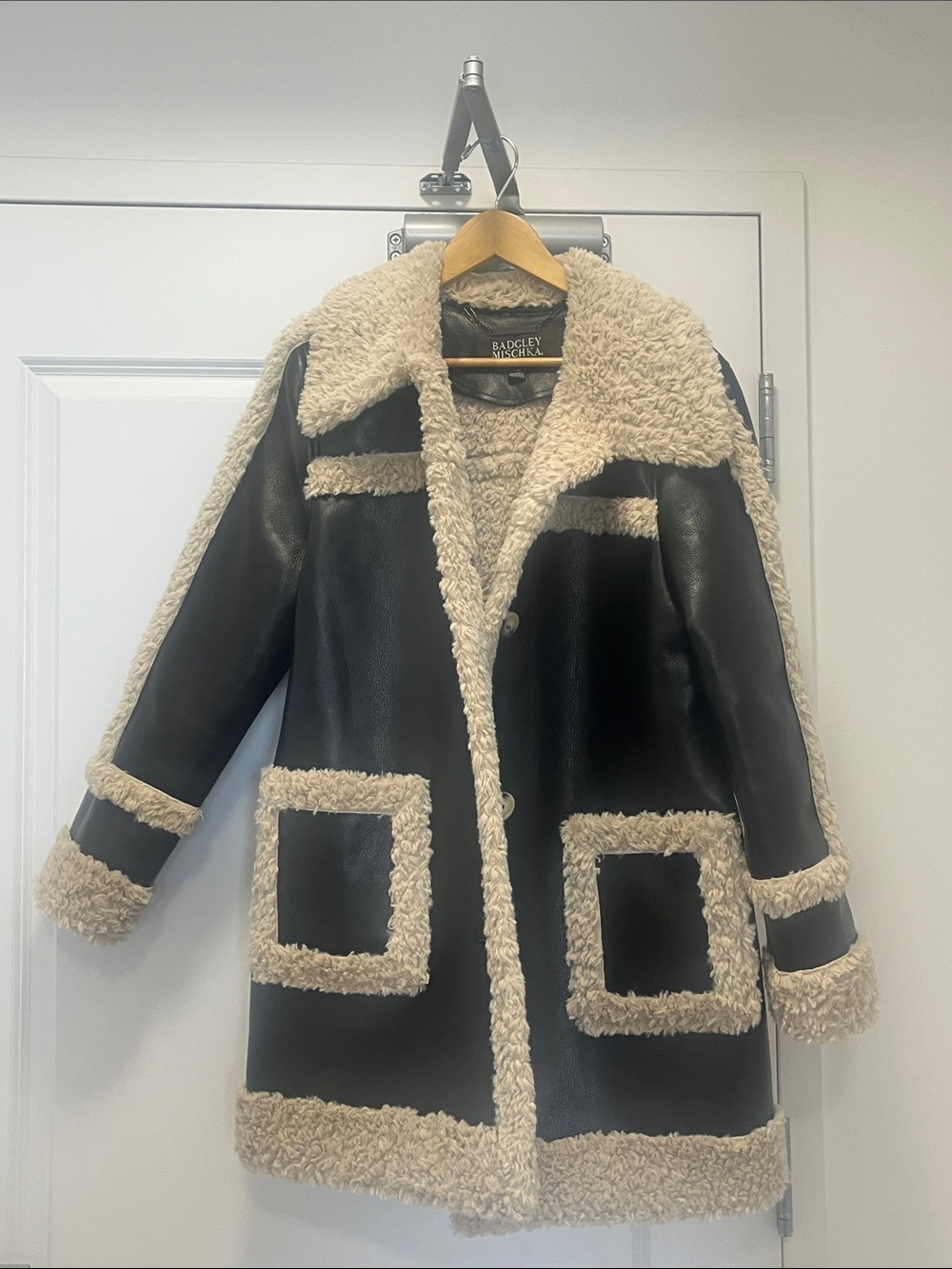 Badgley Mischka Black Faux Leather Coat with Cream Shearling Trim
